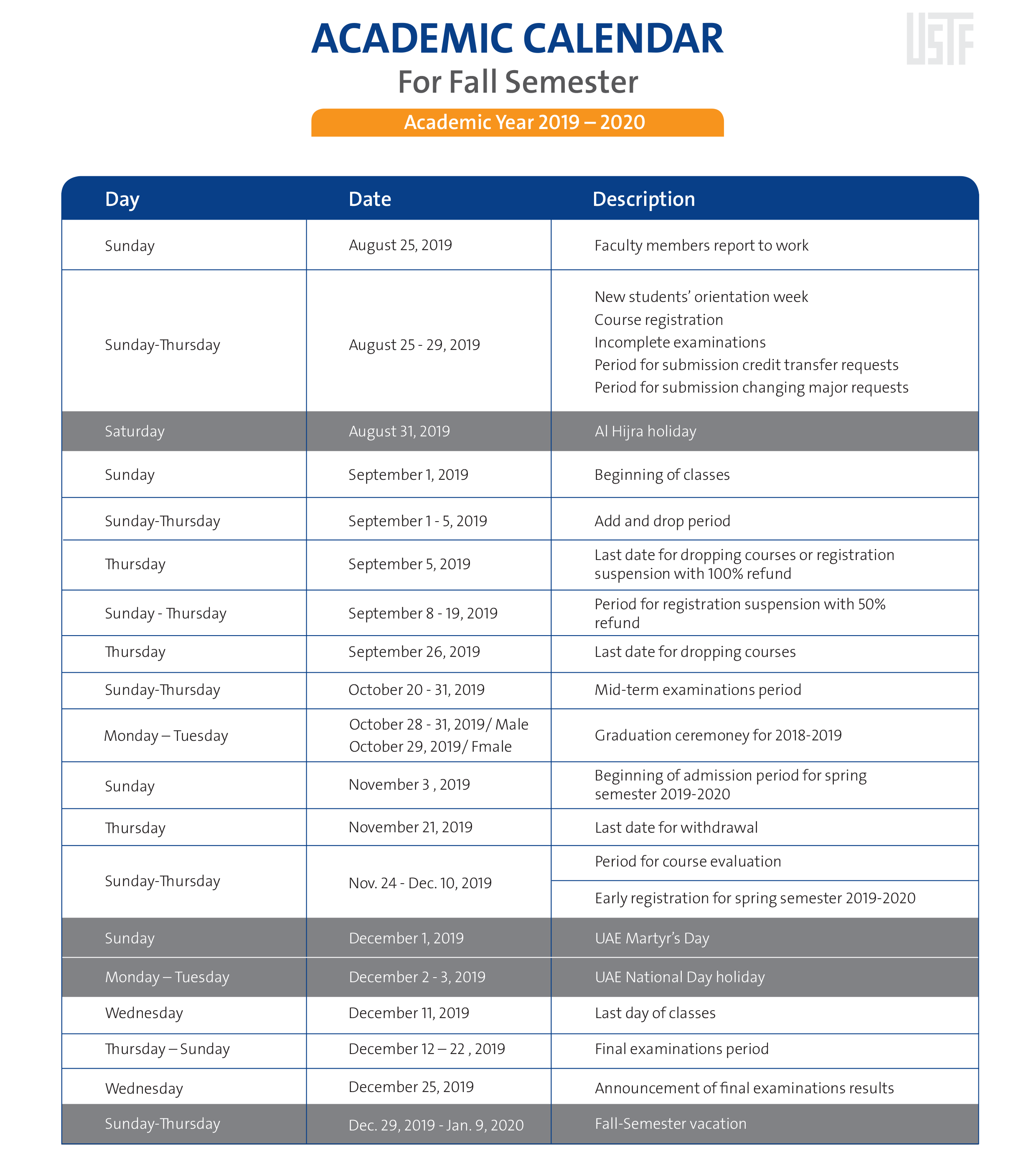 Academic Calendar Academics